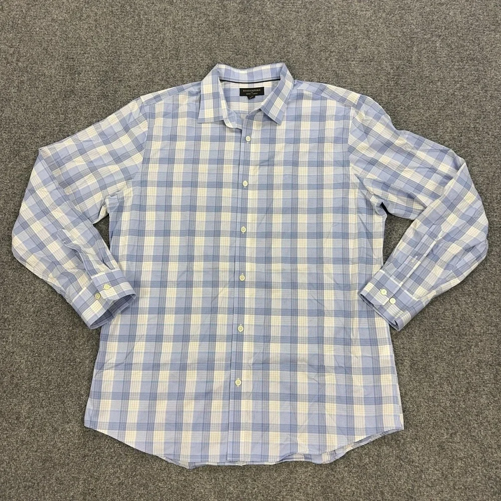 Banana Republic Dress Shirt Mens XL 17.5 36/37 Blue Plaid Slim Fit Non Iron LS